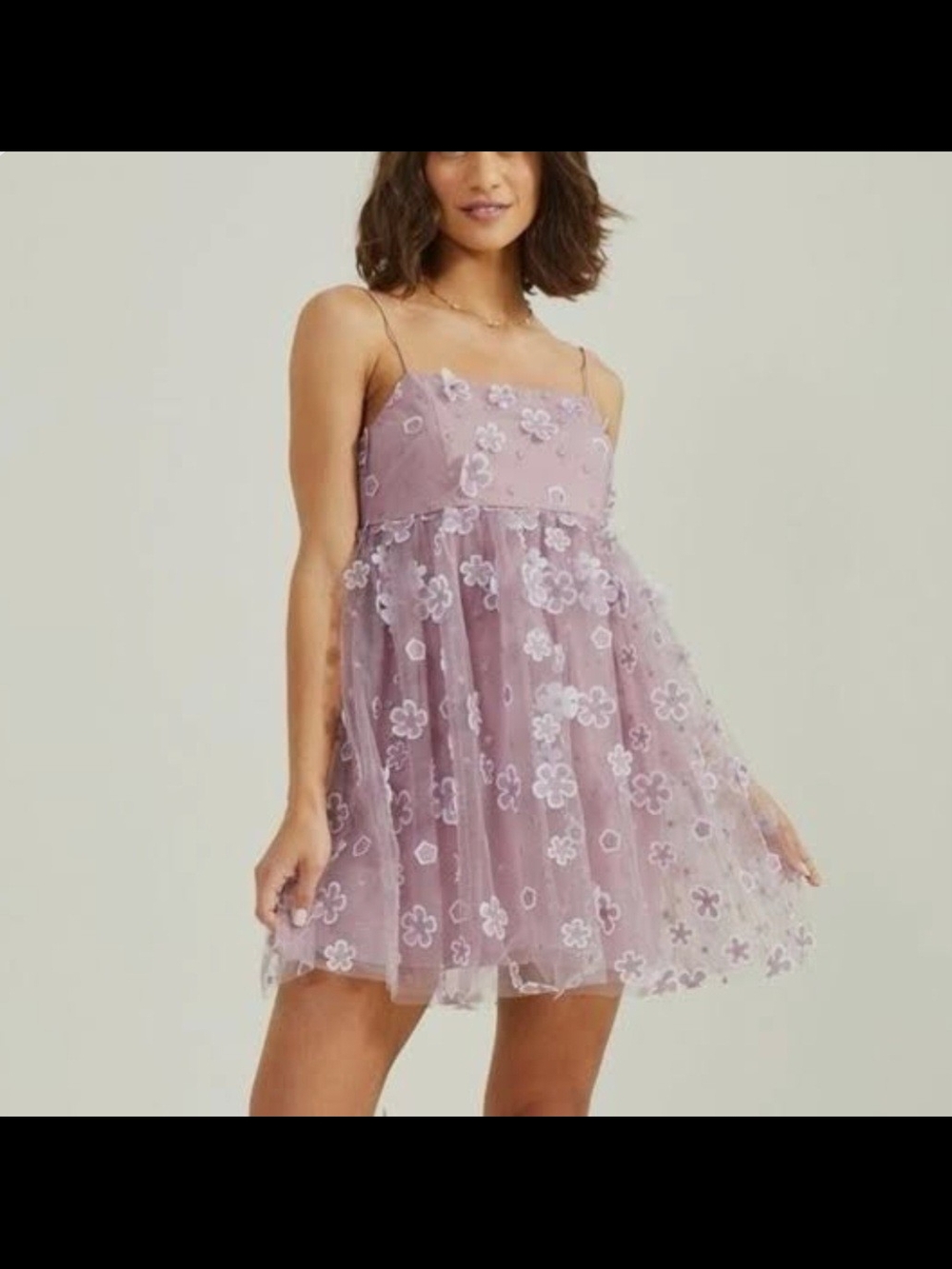 Lilac Floral Mesh Mini Dress with Spaghetti Straps
